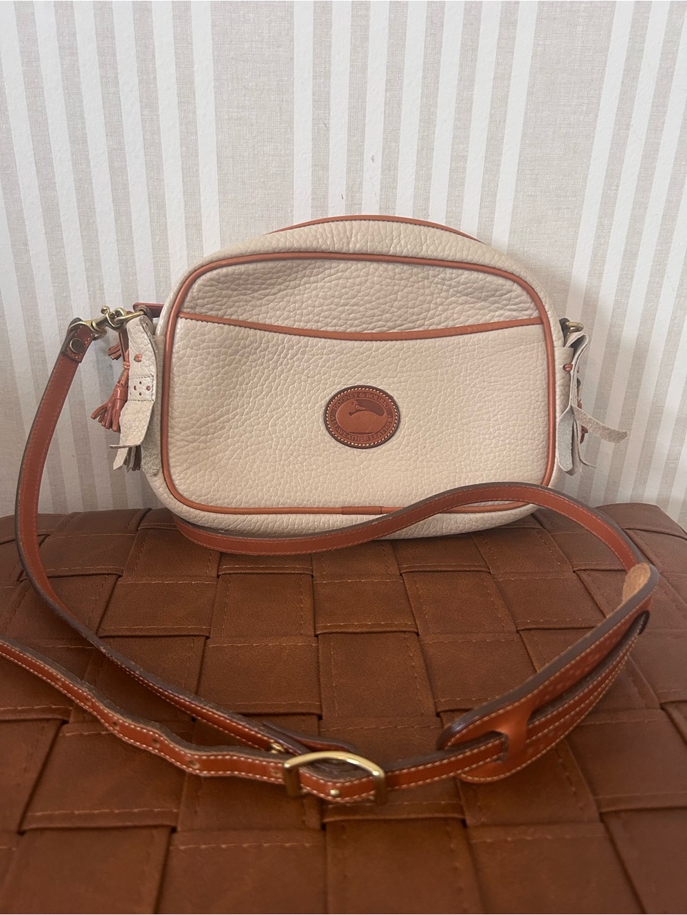 Dooney & Bourke Vintage Cream Brown Pebbled Leather Flap Convertible Crossbody